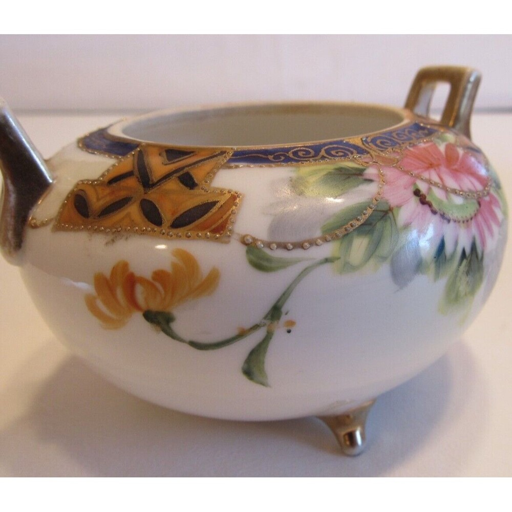 Antique Nippon Hand Painted 3 Footed Small Trinket/Dressing/Ginger Jar Gold Trim - Picture 5 of 12